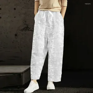 Calça feminina 2024 Bordado linho de algodão branca Mulheres brancas no tornozelo calças elegantes de cordão de amarração elástica Casual Pantalon 26162