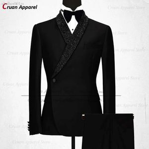 Garnitury męskie Blazery Formalne czarne ślub Mężczyźni zestaw Slim Fit Groomsmen Groom Tuxedo White Designs Błyszczące szal Lapel Blazer Pants 230614 AA0D