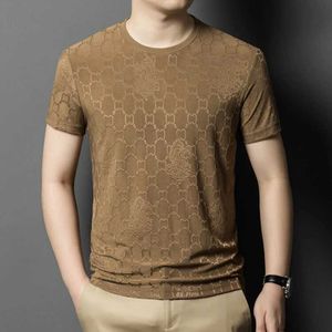 Erkek Tişörtler Erkek Polos Yeni Yaz Mens Buz İpek Jacquard Yuvarlak Boyun Kısa Kollu T-Shirt Üst düzey Şık Günlük Tişört J240527