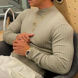 Trendy striped solid color fitness long sleeved mens running training elastic quick drying sports Tshirt with tight base 240527