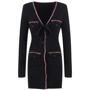 Autumn Black Contrast Color Ribbon Tie Bowknot Dress Lång ärm V-hals panelerade korta avslappnade klänningar Y4W092112001