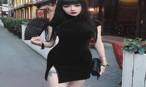 2018 Summer Velvet Women Chinese Cheongsam Retro Harajuku Sexig tät klänning Svartrosa C181119012926551
