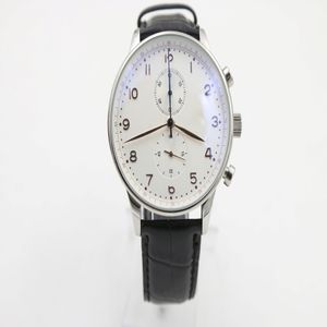 Rabat White Dial Limited Watch Mens Golden Wskaźnik ze stali nierdzewnej zegarki Stalowe zegarki Czarne skórzane paski 303C