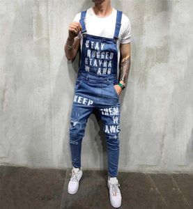 2020 Fashion Men039s Ripped Jeans Jumpsuits Ankle Length Letter printing Distressed Denim Bib Overalls For Men Suspender Pants 6021460399