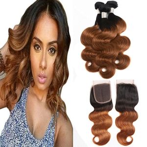 Mongolian Virgin Hair Ombre Human Hair Weave With Closures 1B/30 Body Wave Hair Extensions 4X4 Lace Closure 4 Pieces/lot Plasl