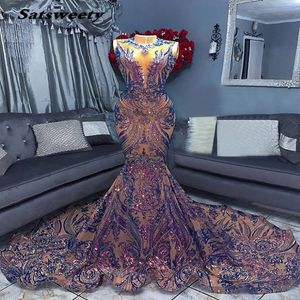 Sparkly Long Prom Dresses 2023 Sexig Mermaid Style Sequin African Women Black Girls Gala Celebrity Evening Night Night Gowns 251L