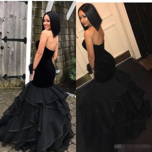2019 Black Velvet Tiered Skirt Organza Prom Dresses Mermaid Sweetheart Link Long Tuck