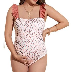 Moderskap Swimwears Ny gravid kvinna tryckt baddräkt i ett stycke med sexiga veckade axelremmar Sommarstranddräkt Push Up D240528