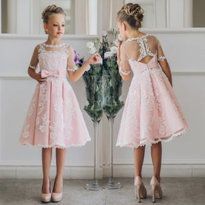 Fancy Blush Pink Communion Flower Girl Dress With Appliques Half Sleeves Knee Length Girls Pageant Gown With Ribbon Bows For Christmas 239r