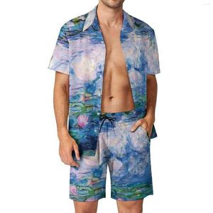 Herrspårar Mens Tracksuits Flower Print Män sätter Monets vattenliljor Casual Shirt Set Retro Beach Shorts Summer Custom kostym 2 -stycken Kläder plus Sizetdpa