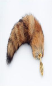 Red Fox Tail Butt Anal plug 35cm long Real Fox tails Golden Metal Anal Sex Toy 2875cm3126595