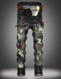 Męski projektant mody Run dżinsy retro czarna odznaka mycia motocyklowe spodnie dżins