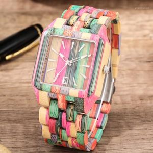 Wristwatches Colorful Square Full Wood Watch Quartz Men Women Watches Minimalist Dial With Calendar Retro Wooden Gifts For Dad Grandpa 226R