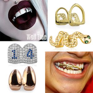 Hip Hop 18k Real Gold 2 Teeth Grillz Braces Cubic Zirconia Dental Mouth Fang Grills Tooth Cap Cosplay Halloween Cosplay Party Vampire Rapper Piercing Body Jewelry