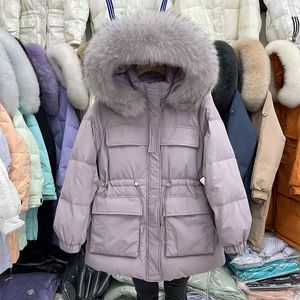 Stor riktig tvättbjörn päls huva vinter down kappa 90% anka ner jacka kvinnor kort kvinnlig puffer fjäder vattentät parkas 211007