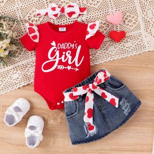 2pcs Baby Girl Sweet Letter Pattern Flutter Sleeve Heart Top and Denim Skirt Set Suitable for Summer Season L2405