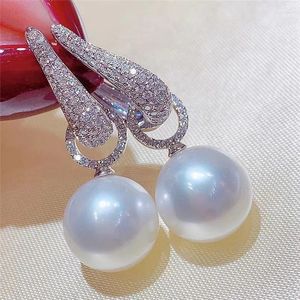 Dangle Earrings Trend Pearl Earring For Women Luxury Bling Cubic Zirconia Fashion Elegant 925 Sterling Silver Jewelry
