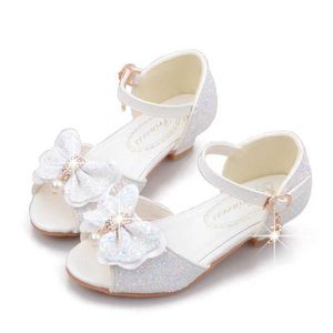 Sandals Girl Princess Shoes Shiny Childrens High Heels White Show Leather New Summer Bow Painting Performance d240527