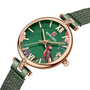 報酬クォーツレディースは新鮮な小さな緑の時計の花と鳥のダイヤルレディースインススタイルミネラルガラスリストウォッチ237y
