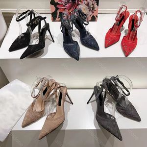 Sandálias de designer de luxo mulheres saltos altos renda bordando tornozelo tornozelo slingback vestido clássico sapatos de saltos pontuais