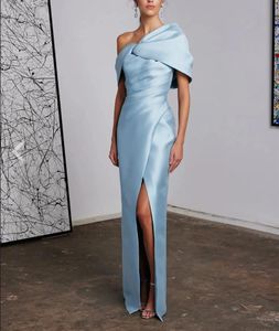 Vintage Long Light Blue Satin Prom Dresses unique neck 2024 With Slit Sheath Off Shoulder Floor Length Party Dress Maxi Formal Evening Dress