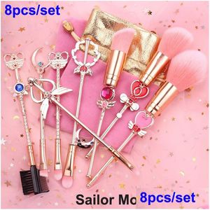 Makeup Brushes Sailor Moon Brush 8Pcs Sakura Set Cute Magical Girl Rose Gold Cardcaptor Cosmetic Pink Bag Face And Eye Beauty Drop D Dh14Y