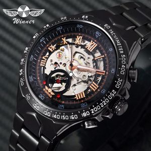 Vinnare Officiella Casual Mens Watches Top Automatic Mechanical Watch Men Skeleton Dial Steel Band Hip Hop Wristwatch 254o
