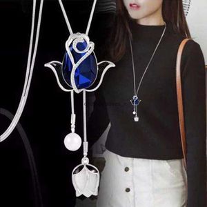 2024New Oil Tulip Sweater Chain Korean Fashion Crystal Pendant Long Necklace Accessories