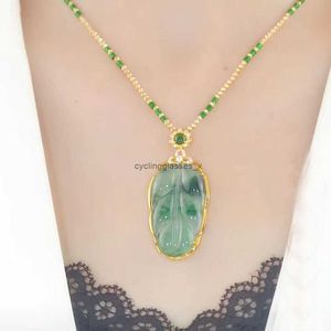 2024Golden Branches Jade Leaves Imitation Stones Green Necklace Pendant Female Big Bamboo Knots Sweater Chains Clothing