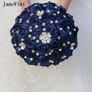 Düğün Çiçekleri Janevini Elegant Tassel İnciler Buketler Gelin lacivert Satin Boncuklu Rhinestone Gelin El Ramo Azul