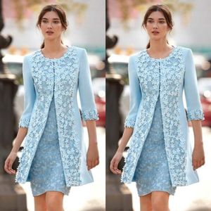 Stunning 2019 Light Blue Mother of the Bride Lace Dresses with Jacket Jewel Neck Sheath Floral Lace and Satin Short Wedding Guest Dress 249U