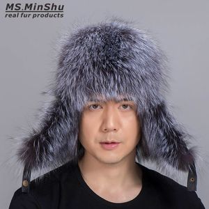 Russian Style Unisex Silver Fox Fur Hat with Sheepskin leather Outer shell Winter Earflap Headwarmer 260V