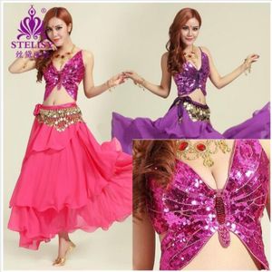 Belly Dance Costume Beaded Butterfly Clothes Set Set BH 75C 80C 85C Belt kjol Pärlor Belly Dancing Bead Plus Size 263Q