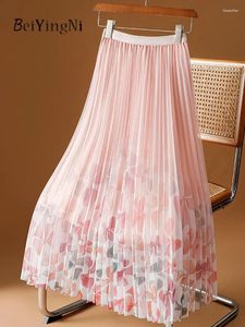 Kjolar beiyingni blommor tryckt avslappnad veckad mesh midi för kvinna 2024 vår sommar retro preppy kpop söt tyll kjol kvinnlig