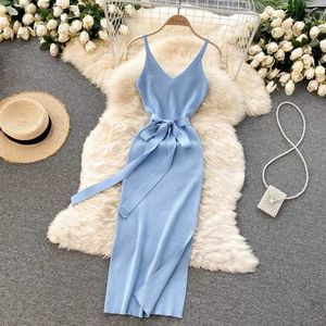Basic Casual Dresses Fashionable waistband sexy wrap around buttocks body style knitted summer dress womens ultrathin elastic body long dress street cl J240527