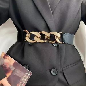 Bälten Big Gold Silver Metal Chain Decoration Elastic Desinger Belt i Black Fashion Women 231s