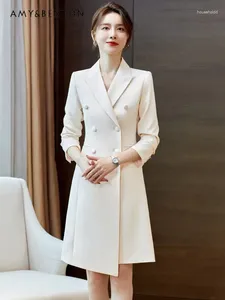 Casual Dresses Spring Autumn Commute Style Elegant Business Suit Dress High-Grade Cross Collar Double-Breasted Long Sleeve Slim For Women