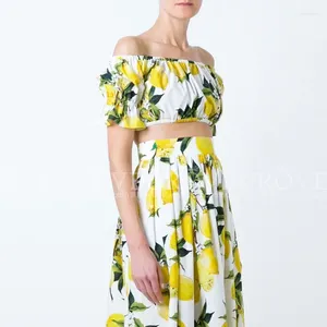 ワークドレス夏の秋の女性セレブランウェイファッションカジュアルプラスサイズセクシーなレモン印刷コットンショートクロップトップ膝の長さスカートセット