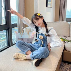 Overaller Rompers New Spring Autumns Full Set Jeans Denim Bib Jumpsuit Tickets and Bear Teenage Girl Hanging Trousers Girl 12+Y WX5.26