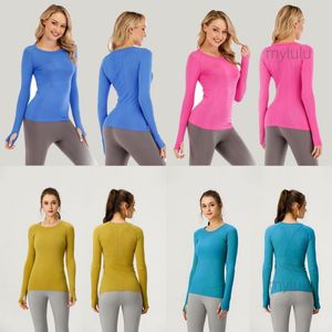 Womens long sleeved yoga top womens solid color quick drying and breathable outdoor sports 1.0 exercise gym T-shirt
