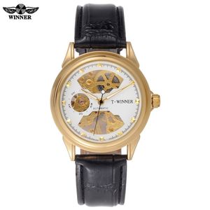 Män mekaniska klockor skelettklockor Vinnare Brand Business Hand Wind Wristwatches For Men Leather Strap Hot Female Present Clock 236e