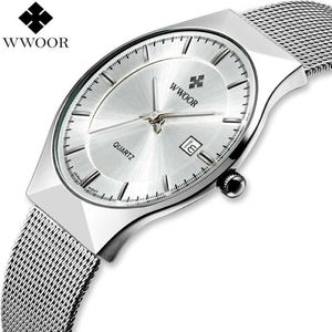 WWOOR Brand Men Watches Quartz Data analógica Japão Movimento Japão Ultra Thin Waterperppers Mesh Slim Male Wrist Watch Silver for Men X0625 328W