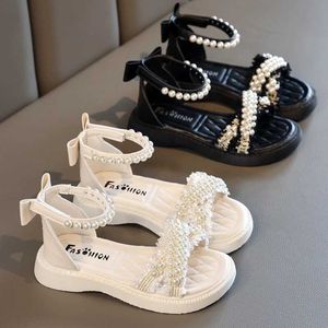 Sandals Sandalias Pearl Girls Summer New Soft Sole Casual Shoes Versatile Princess Bow Childrens Zapatos Ni a d240527