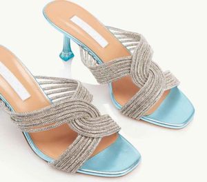 Sommar lyxig gatsby aquazz kvinnor sandaler skor kvinnor höga klackar kristallembelled metallisk läder toffel dam muls klänning par8689635