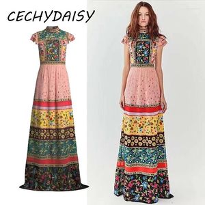 Casual Dresses Runway Dress Women Stand Collar Floral Printed Striped High Street Designer In Clothes Maxi Summer Robe Vestido Ropa Egeoh