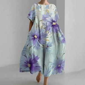 Basic Casual Dresses Women Dress Loose Round Neck Short Slve Bohemian Style Artistic Floral Printed Soft Oversized Beach Travel Summer Midi Dress T240523