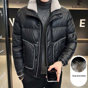 Masculino para baixo Parkas New Winter Mens Casaco de couro para baixo Slim Fit Grost quente Casaco preto macho macho espessante Casacos q240527