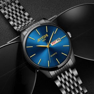 Zegarek na rękę Cool Matte Black Blue Steel Watch Men Auto Data Tydzień Funkcjonalny Business Na ręce dla mężczyzny 2021 zegarki Top 223G