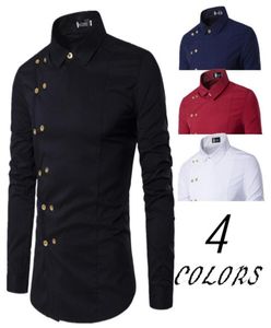 Golden Button Shirt Inclined Double Breasted Men Male Turn Down Collar Solid Color Business Shirts Casual Slim Fit Man Dress Shirt2546722