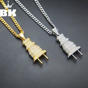 Mens Iced Out Bling Bling Plug Pendant Necklace Gold Silver Color Charm Micro Pave Full Rhinestone HipHop Jewelry 200928 243g
